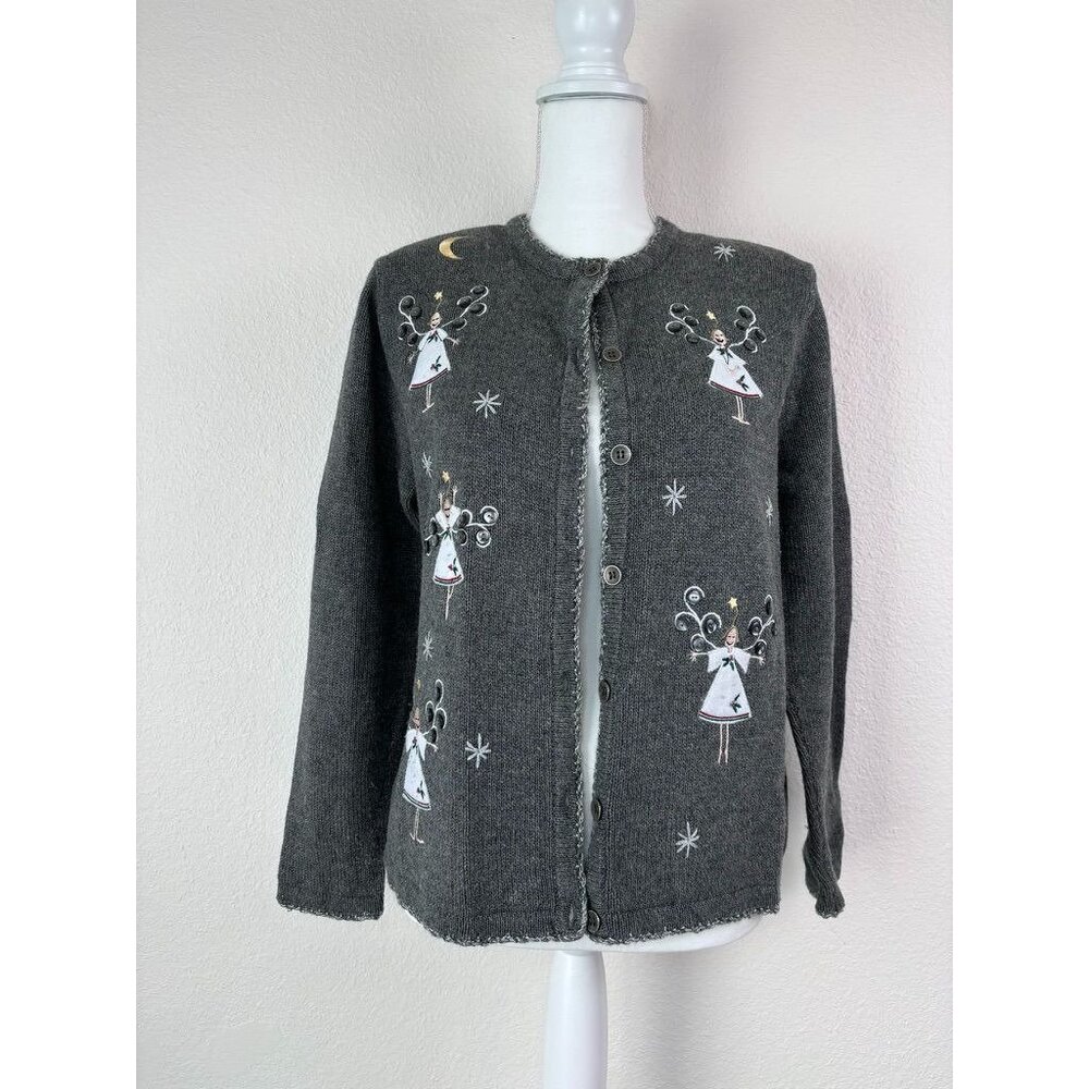 Breckenridge women's small vintage grey knit angel Christmas cardigan sweater
